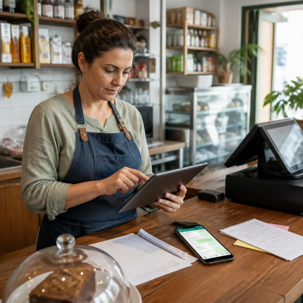 Encargado de cafetería revisando pedidos en tablet y WhatsApp, con estanterías y caja en el fondo