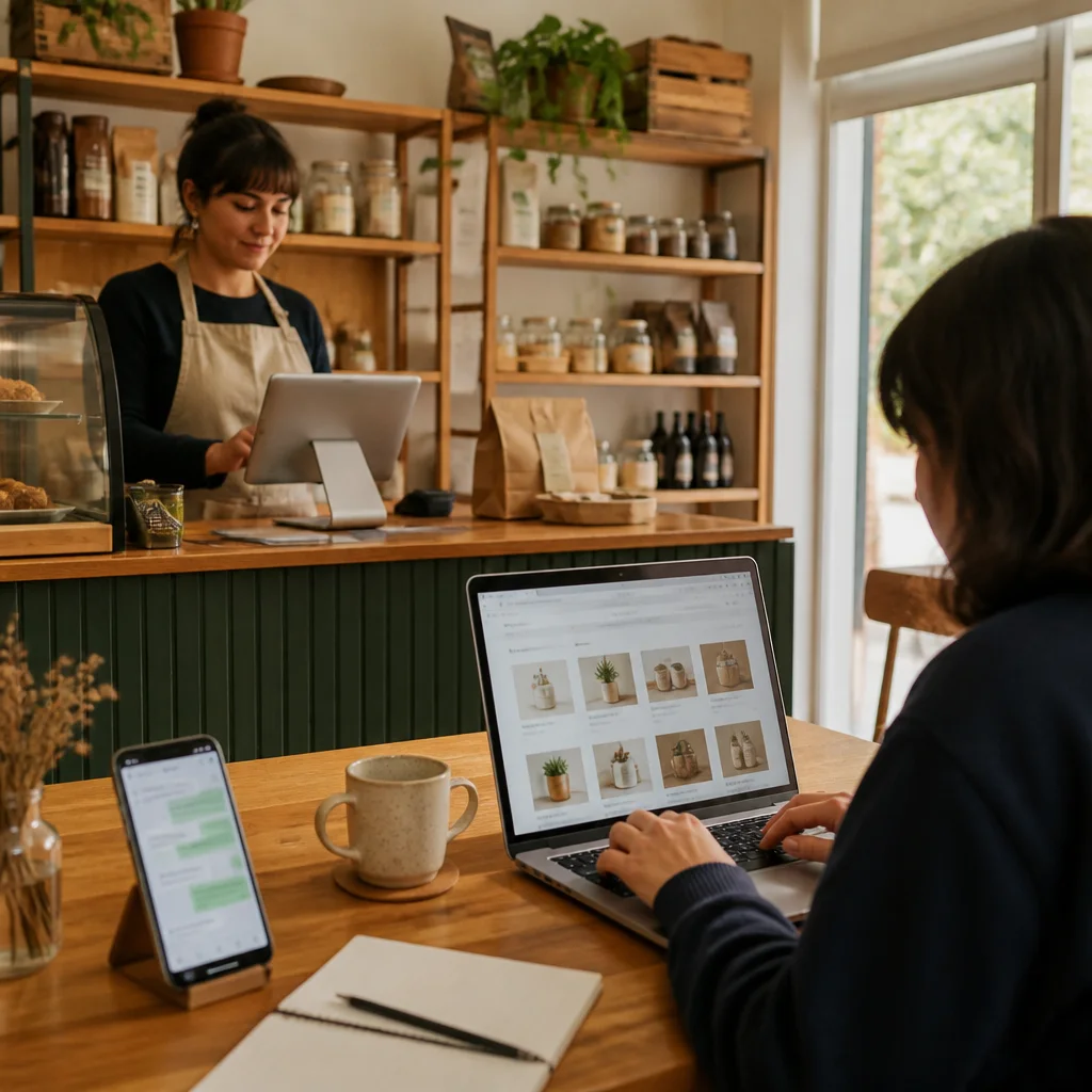 Dueña de cafetería revisando POS y tienda online para controlar stock