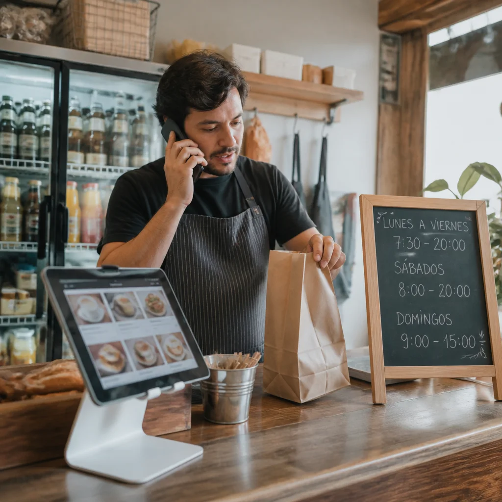 Dueño de negocio usando catálogo digital en tablet mientras atiende pedidos en el local