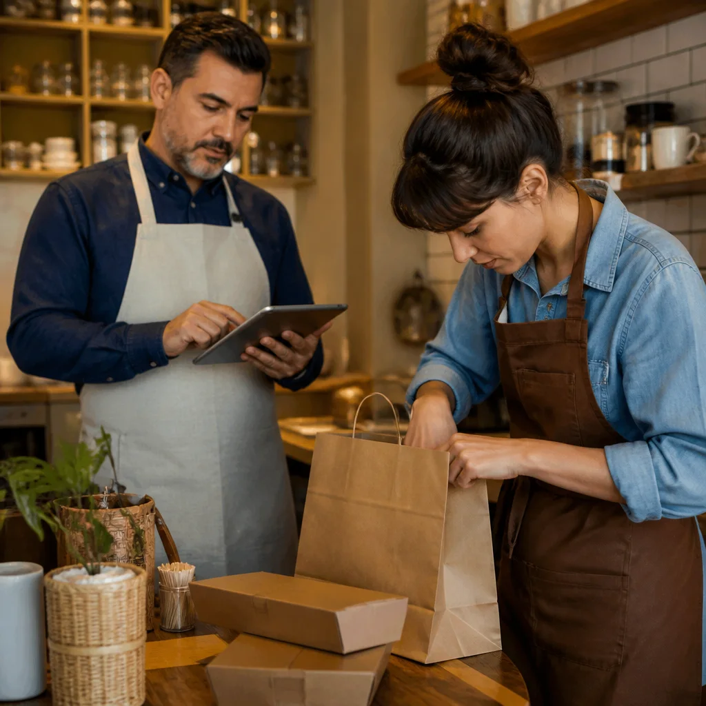 Dueño revisando pedidos en tablet mientras empaquetan un pedido en una cafetería chilena
