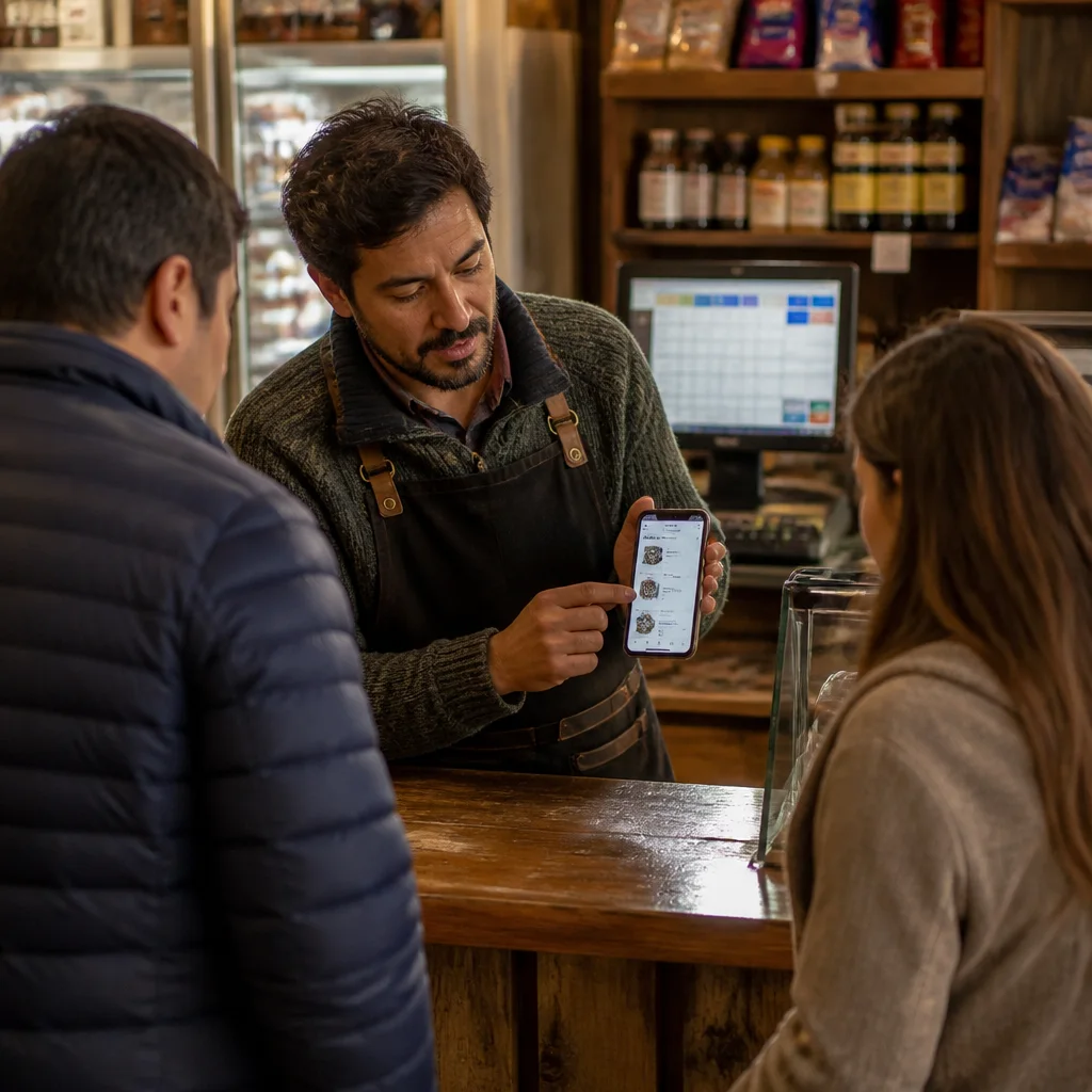 Dueño de local mostrando catálogo digital en móvil mientras atiende en el mostrador