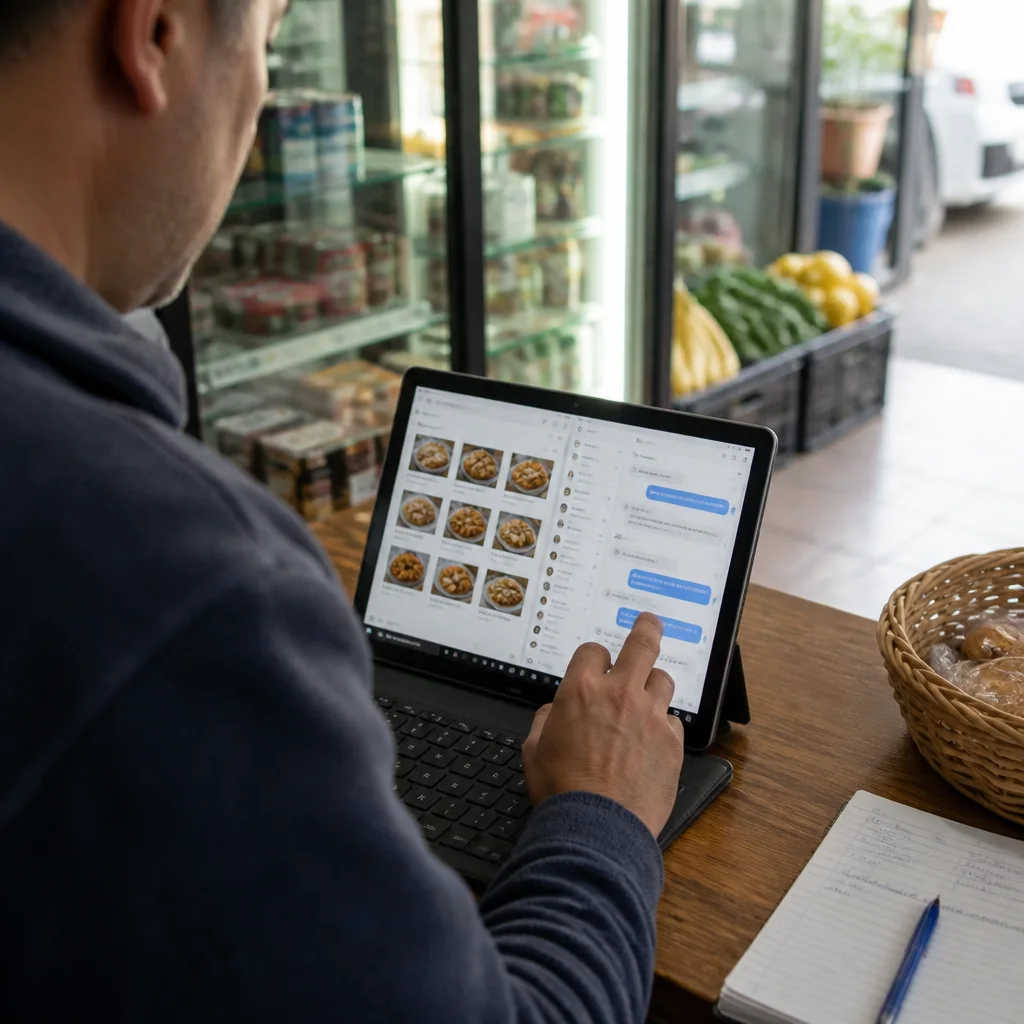 Dueño de local usando tablet para gestionar catálogo y pedidos en su negocio