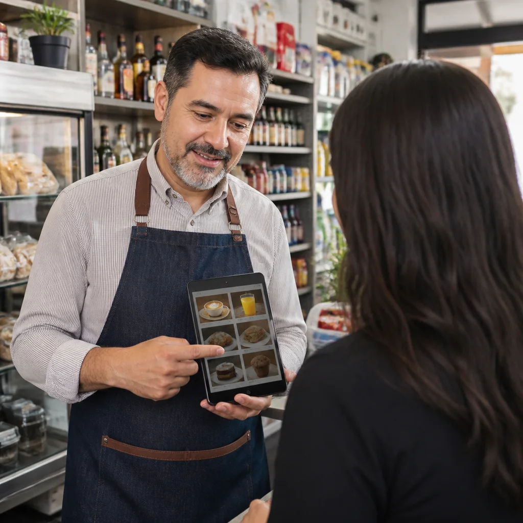 Dueño de negocio revisando catálogo digital en tablet dentro de su local