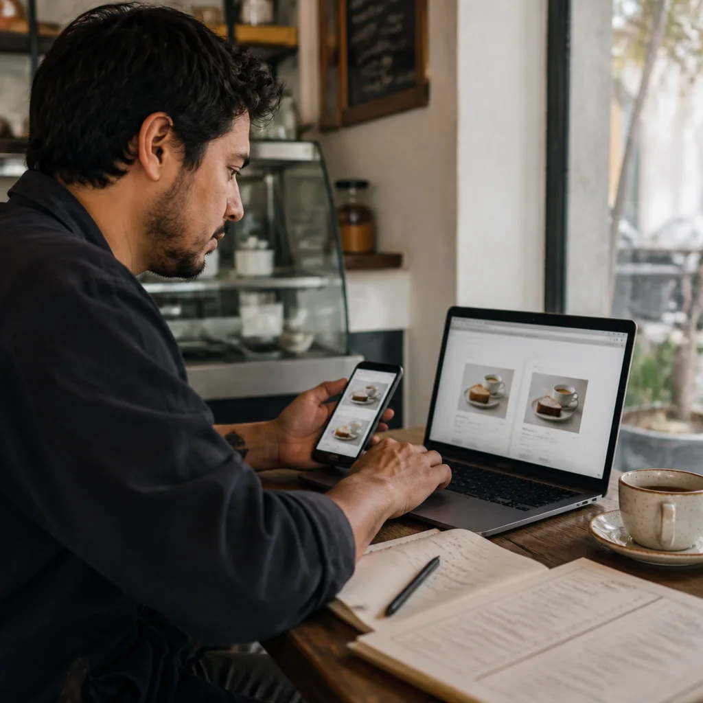 Dueño de café chileno comparando dos versiones de la página de producto en laptop y celular