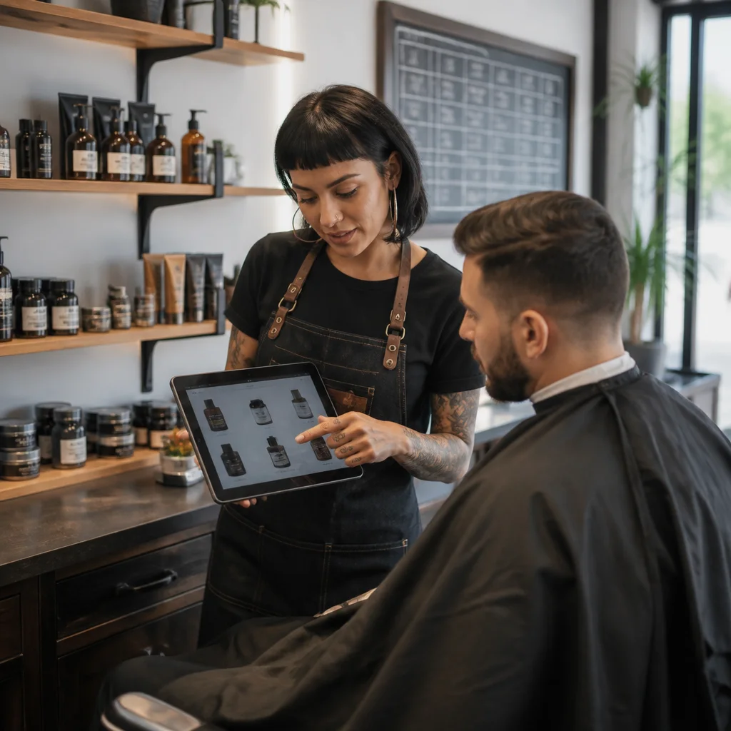 Barbero mostrando catálogo digital de productos en tablet mientras atiende en una peluquería