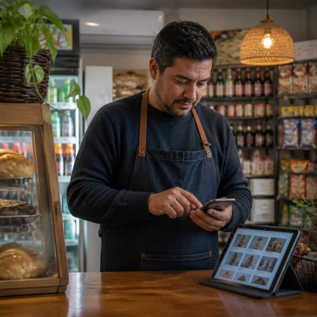 Dueño de negocio chileno mirando WhatsApp en un celular y catálogo digital en una tablet dentro de su local