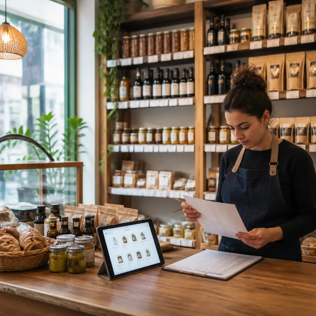 Persona en una pequeña tienda revisando inventario junto a una tablet con catálogo digital
