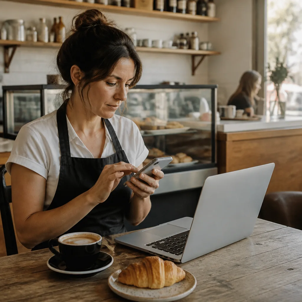 Dueña de cafetería en Chile subiendo fotos de productos desde su teléfono y laptop para una tienda online