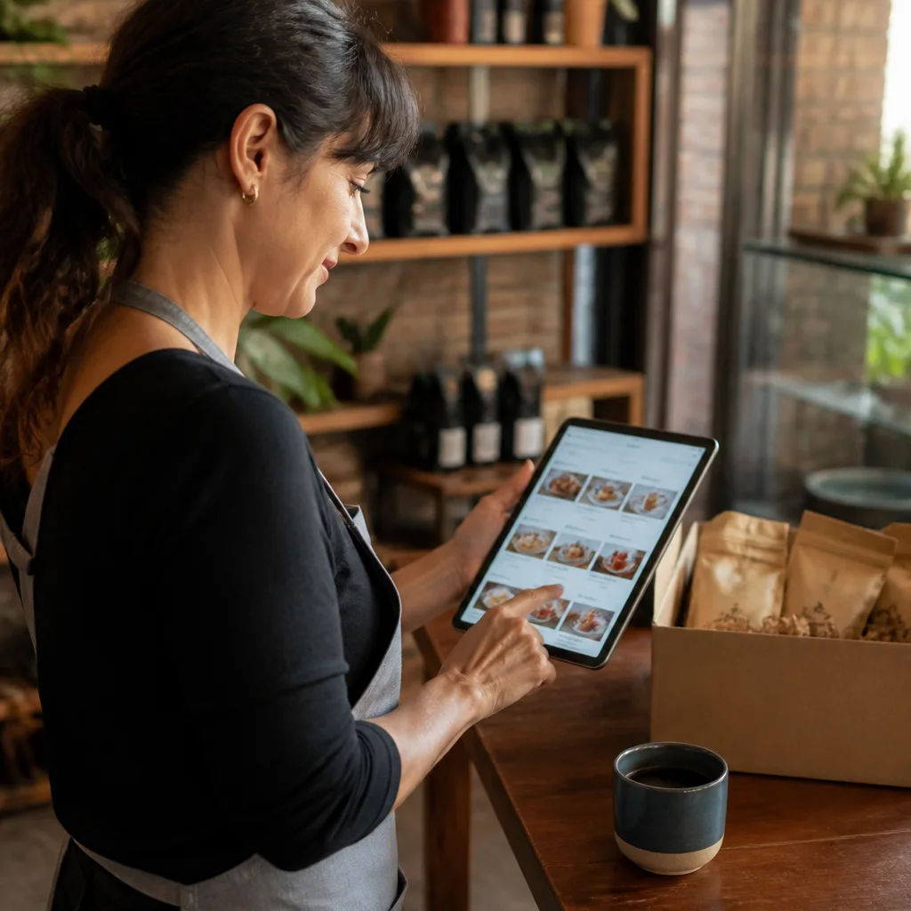 Encargado de cafetería revisando pedidos y catálogo digital en tablet