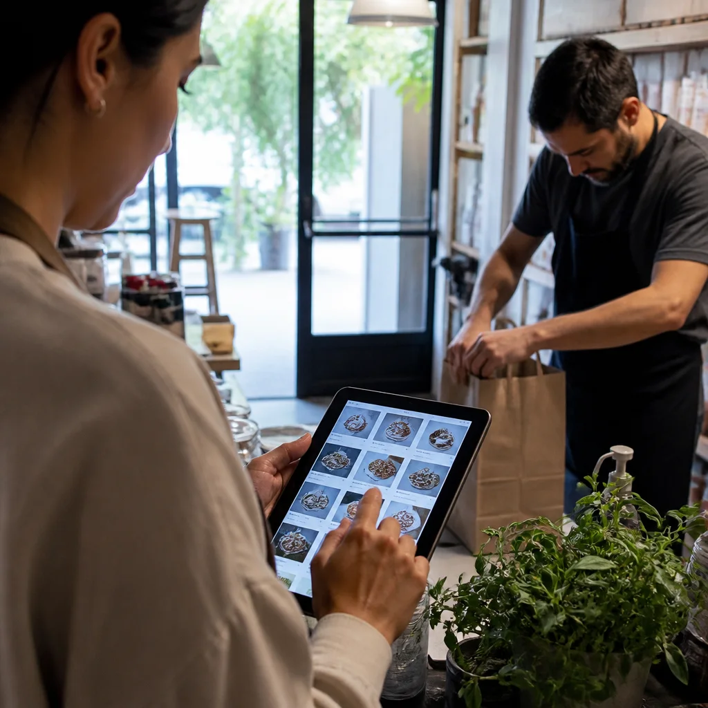 Dueño de negocio en Chile revisando catálogo digital en tablet mientras preparan un pedido para delivery
