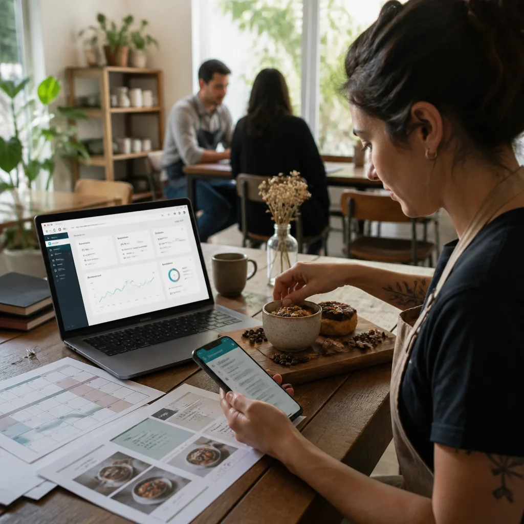 Propietario de café preparando el lanzamiento de su tienda online con calendario y WhatsApp