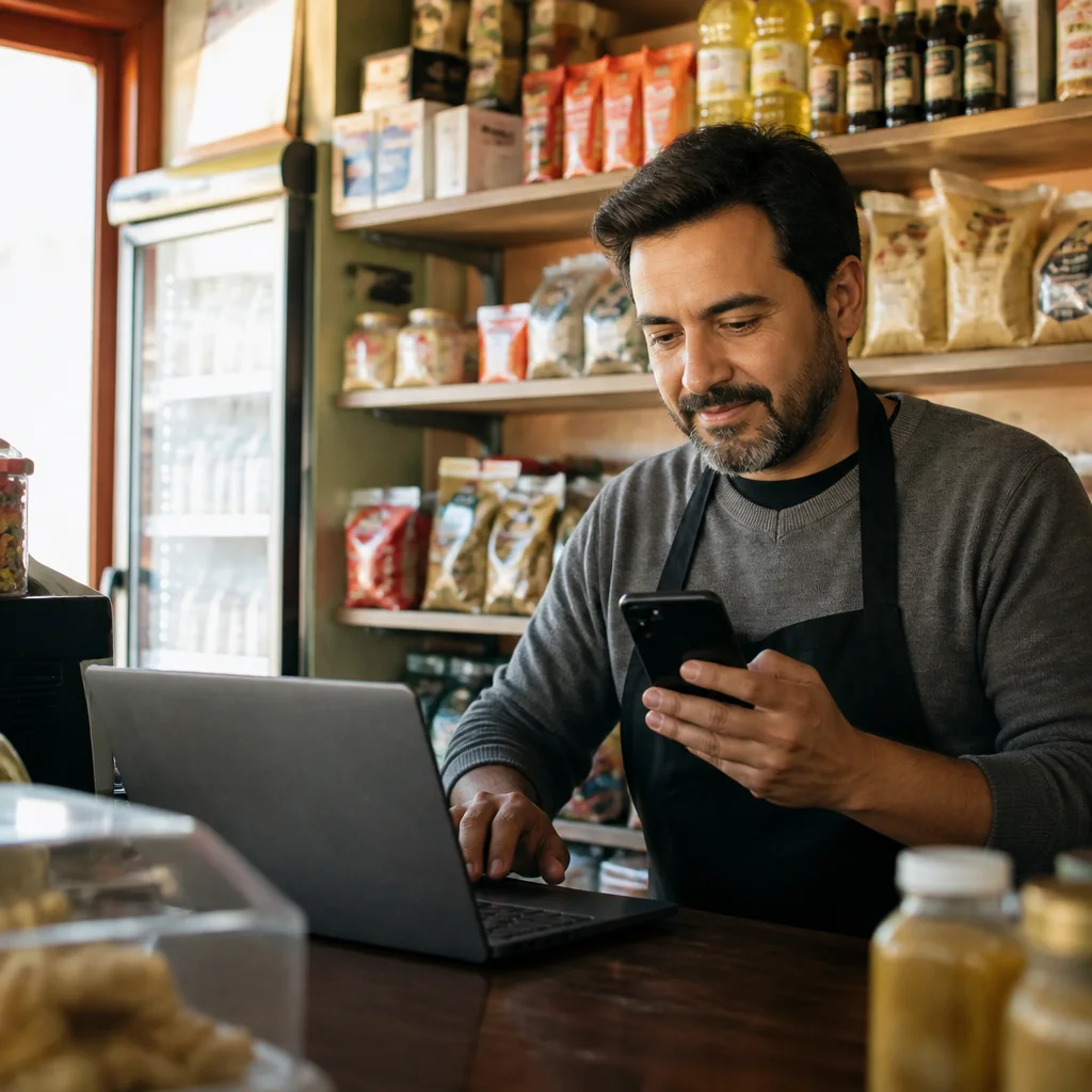 Dueño de local chileno revisando inventario digital en laptop mientras atiende pedidos